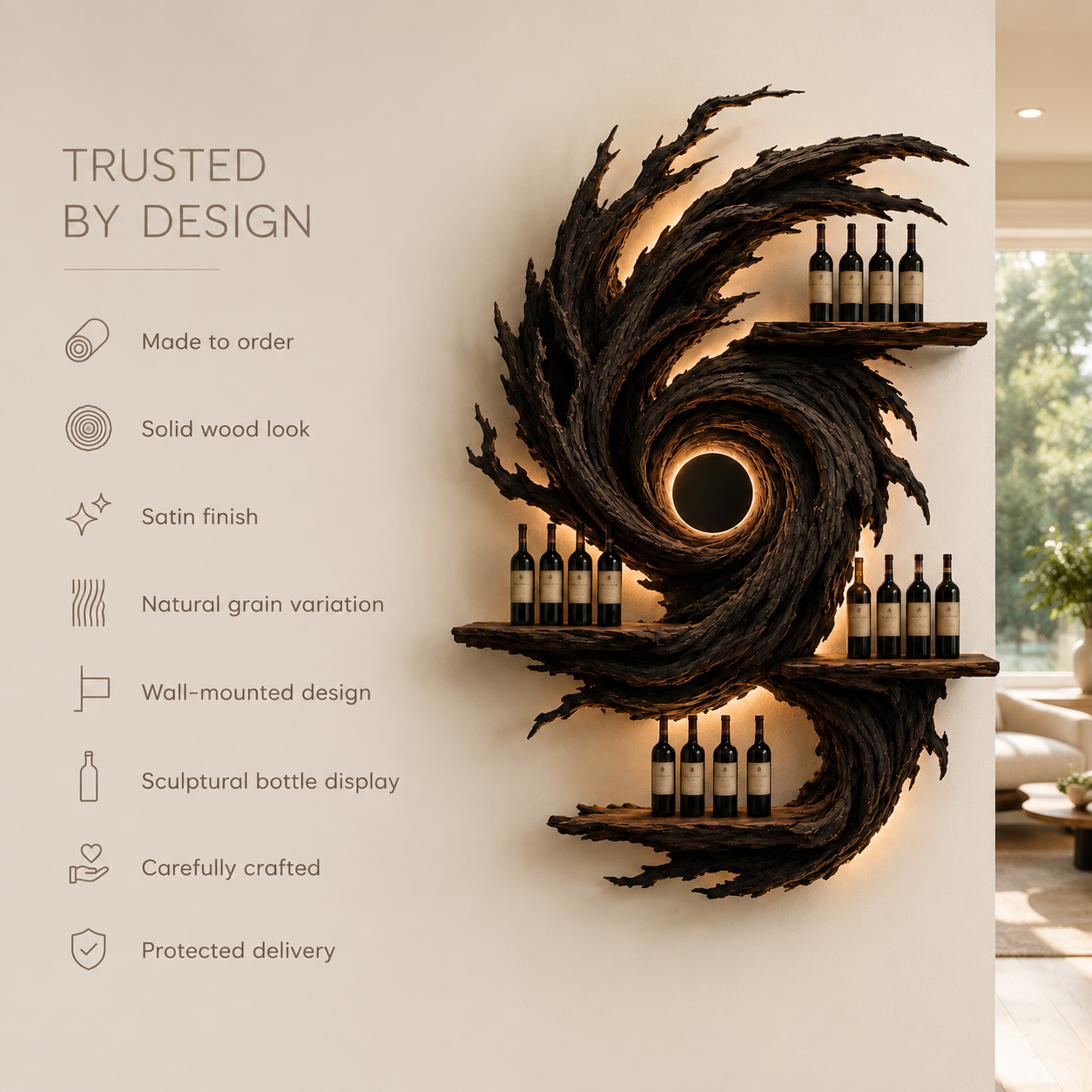 Solid Wood Wall Wine Rack with Glass Holder - Crescent Wall - product image 09