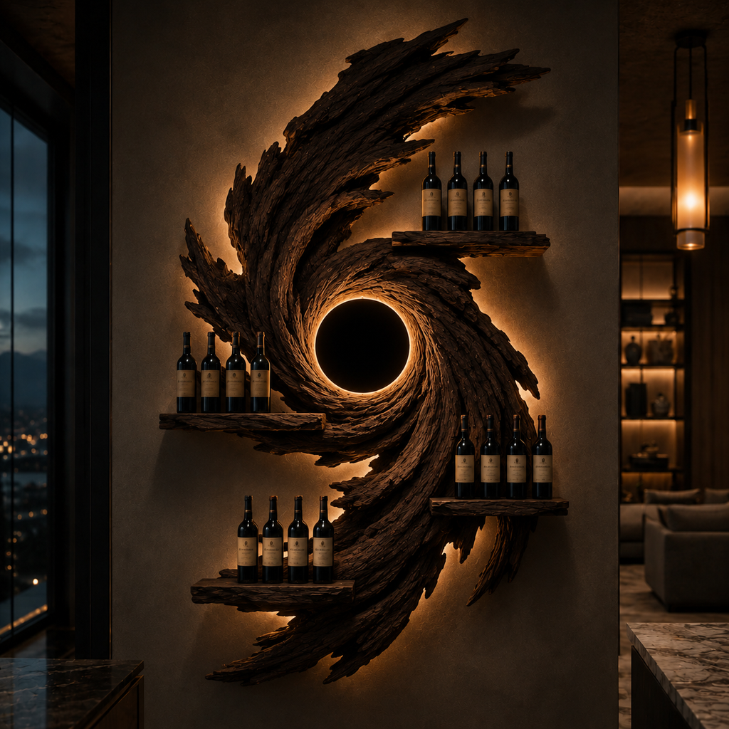 Solid Wood Wall Wine Rack with Glass Holder - Floating Rail - main view