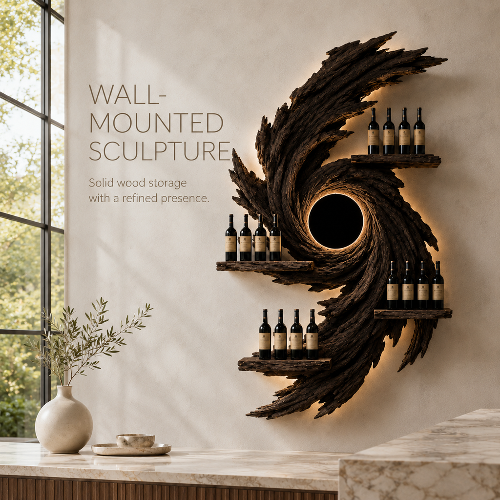 Solid Wood Wall Wine Rack with Glass Holder - Floating Rail - product image 03