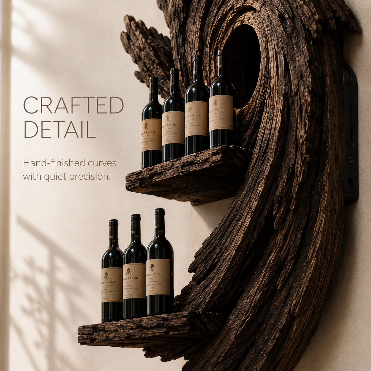 Solid Wood Wall Wine Rack with Glass Holder - Floating Rail - product image 06
