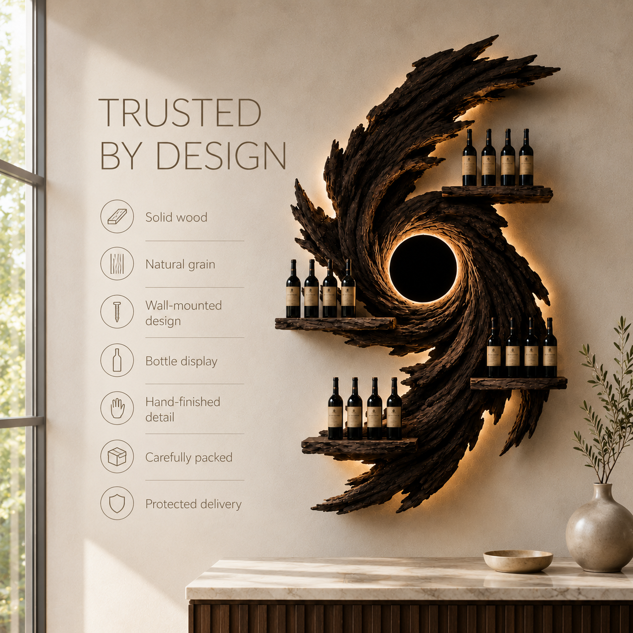 Solid Wood Wall Wine Rack with Glass Holder - Floating Rail - product image 09