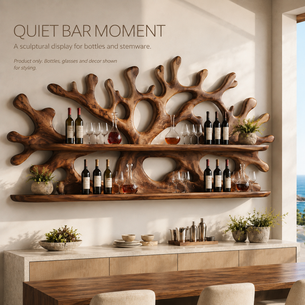 Solid Wood Wall Wine Rack with Glass Holder - River Form - product image 02