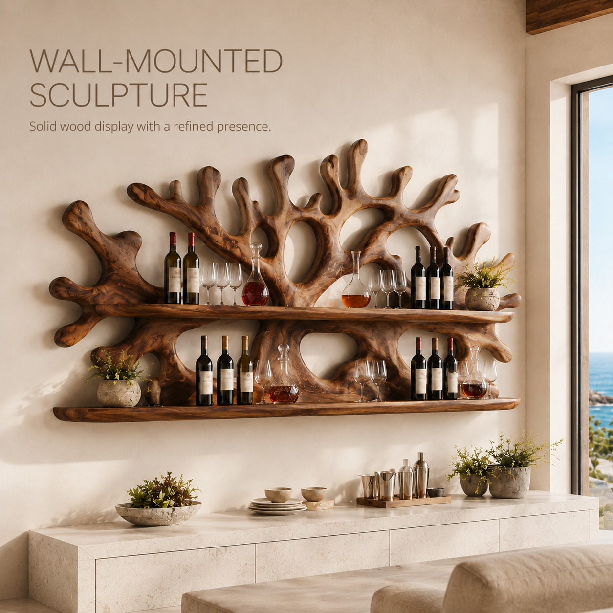 Solid Wood Wall Wine Rack with Glass Holder - River Form - product image 03