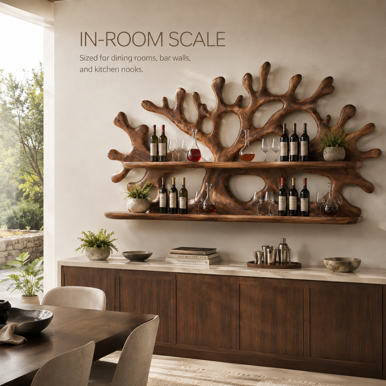 Solid Wood Wall Wine Rack with Glass Holder - River Form - product image 04