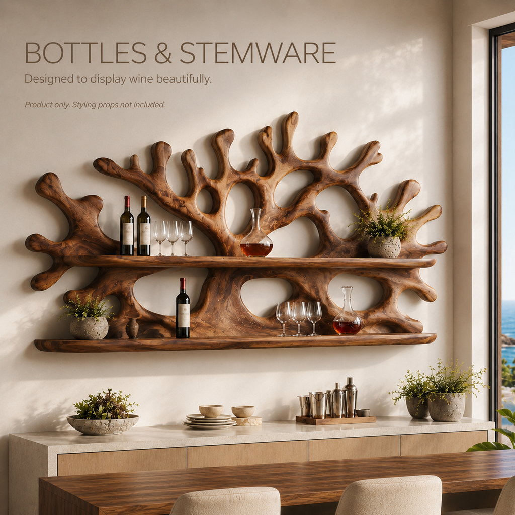 Solid Wood Wall Wine Rack with Glass Holder - River Form - product image 07