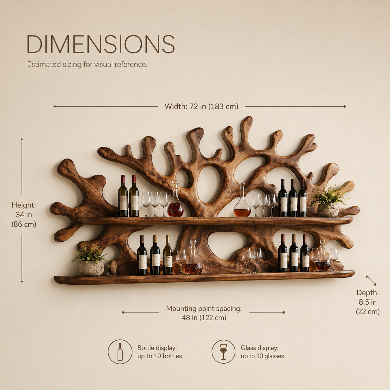 Solid Wood Wall Wine Rack with Glass Holder - River Form - product image 08
