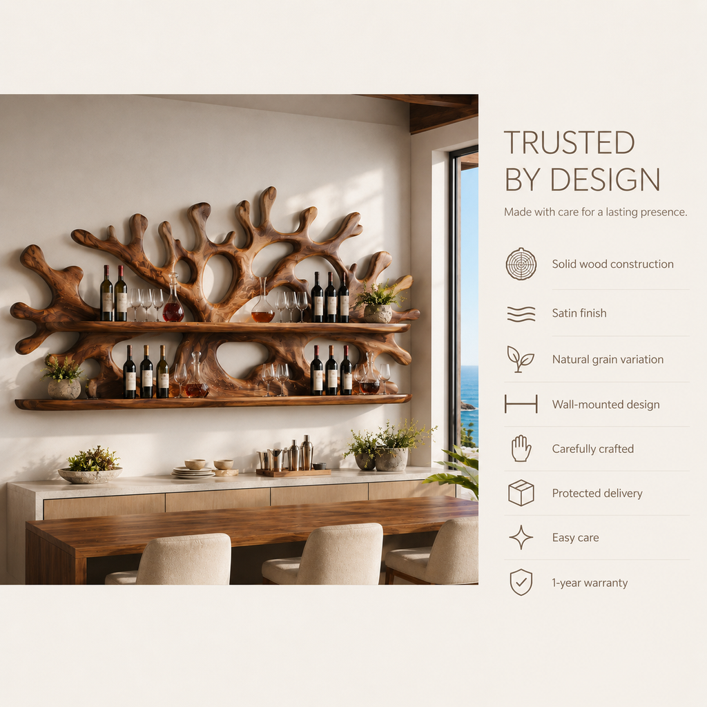 Solid Wood Wall Wine Rack with Glass Holder - River Form - product image 09