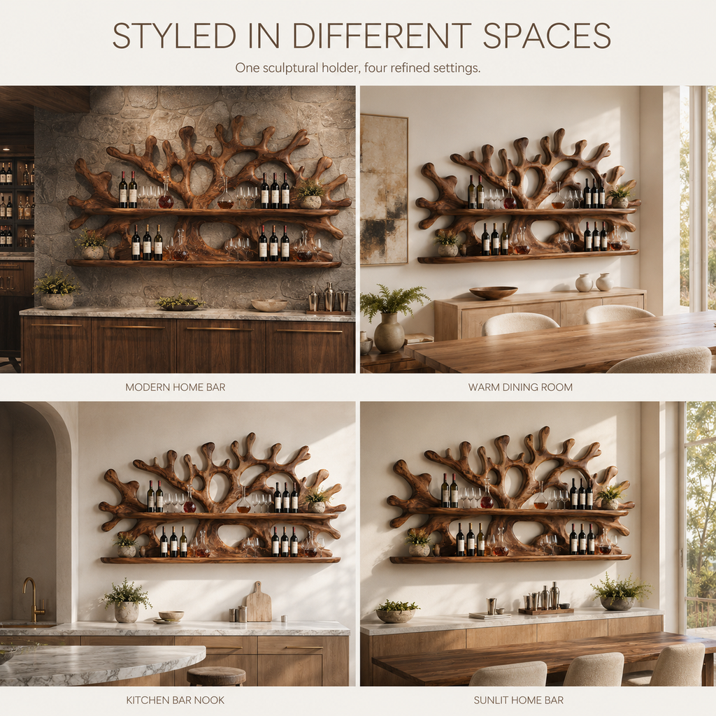 Solid Wood Wall Wine Rack with Glass Holder - River Form - product image 10