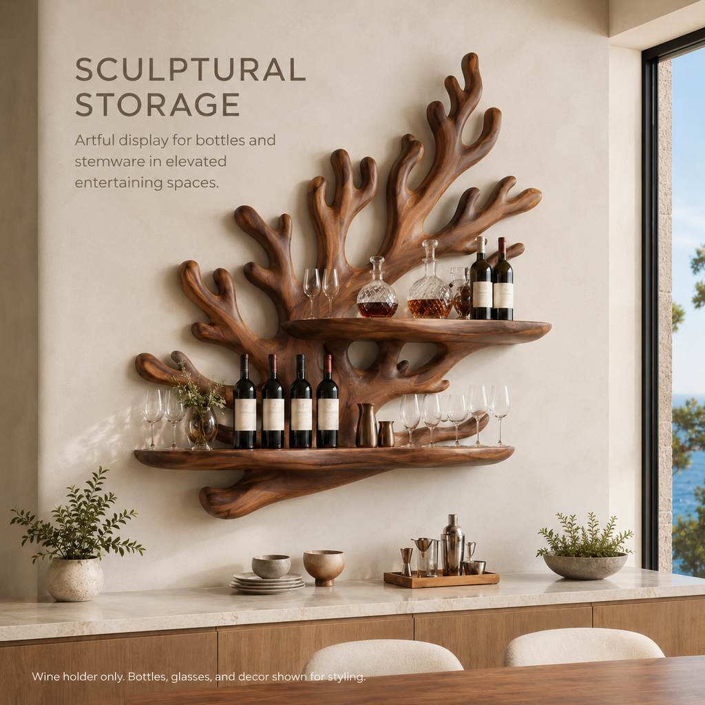 Solid Wood Wall Wine Rack with Glass Holder - Cellular Display - product image 02