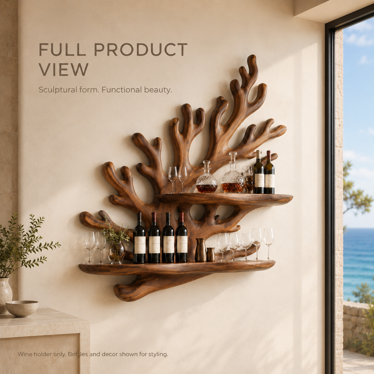 Solid Wood Wall Wine Rack with Glass Holder - Cellular Display - product image 03