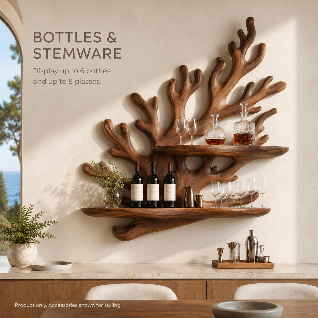 Solid Wood Wall Wine Rack with Glass Holder - Cellular Display - product image 07