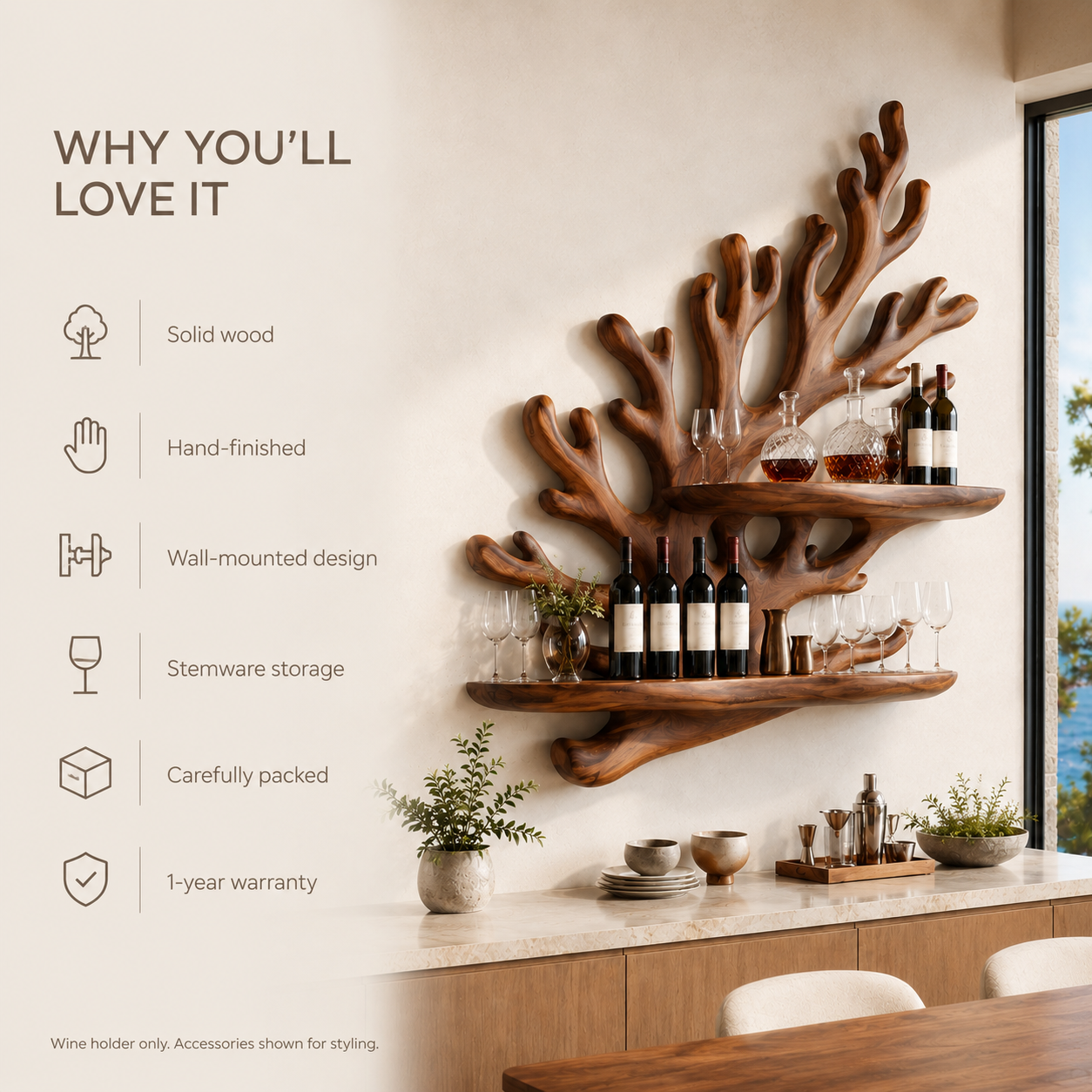 Solid Wood Wall Wine Rack with Glass Holder - Cellular Display - product image 09