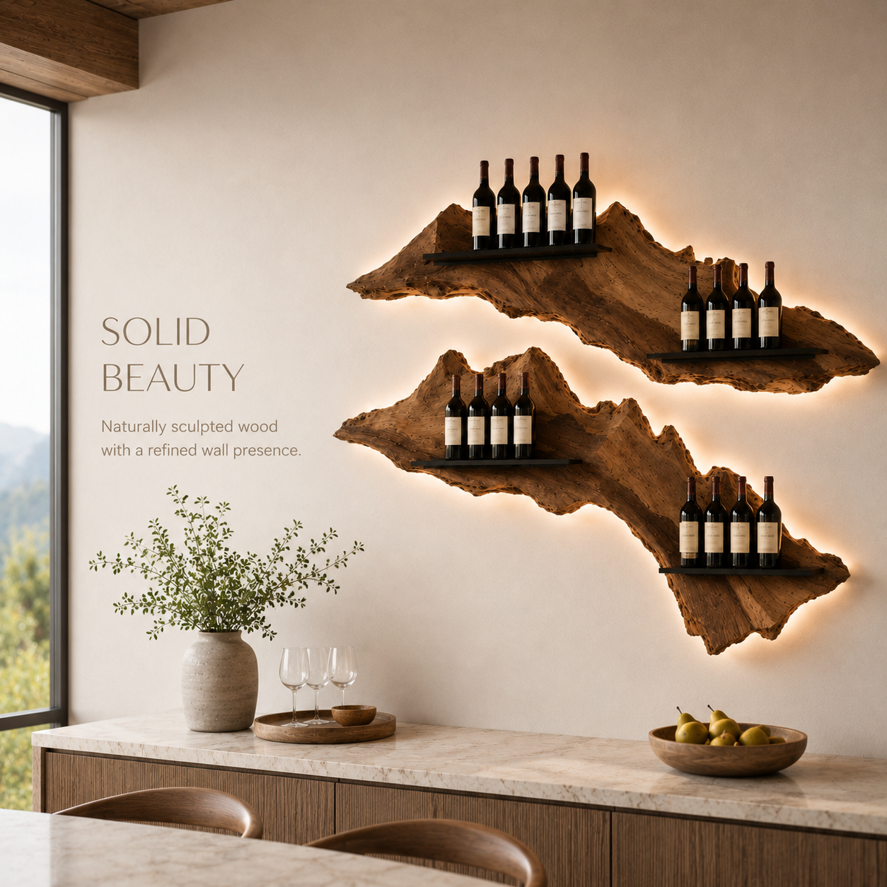 Solid Wood Wall Wine Rack with Glass Holder - Gallery Wave - product image 03
