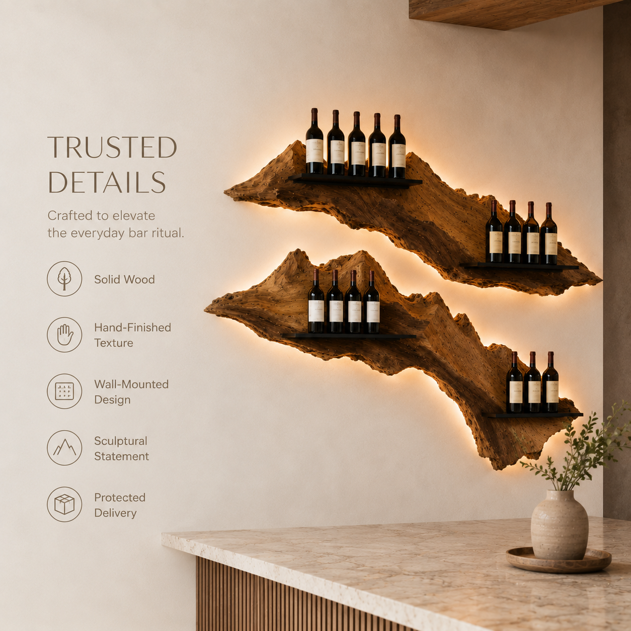 Solid Wood Wall Wine Rack with Glass Holder - Gallery Wave - product image 09