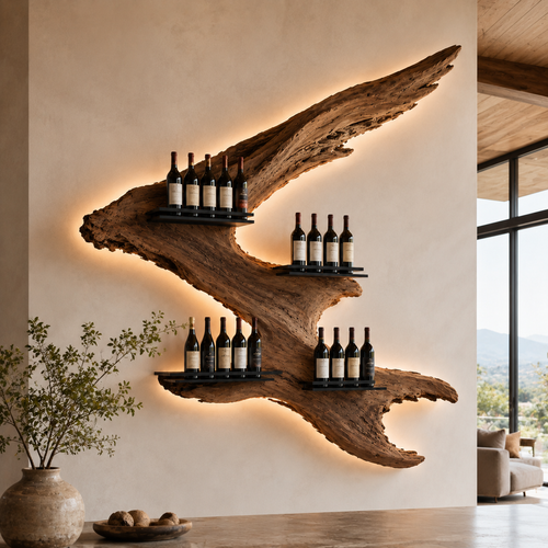 Solid Wood Wall Wine Rack with Glass Holder - Carved Halo - main view