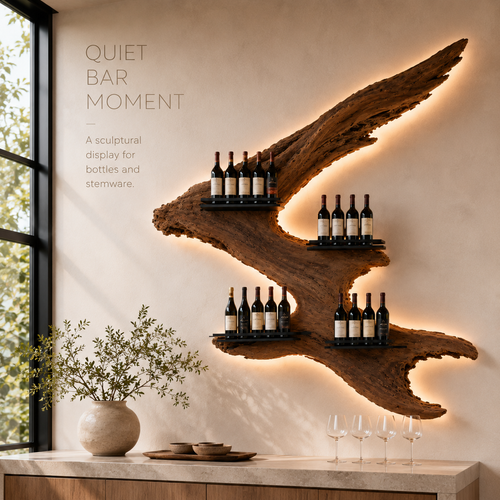 Solid Wood Wall Wine Rack with Glass Holder - Carved Halo - product image 02
