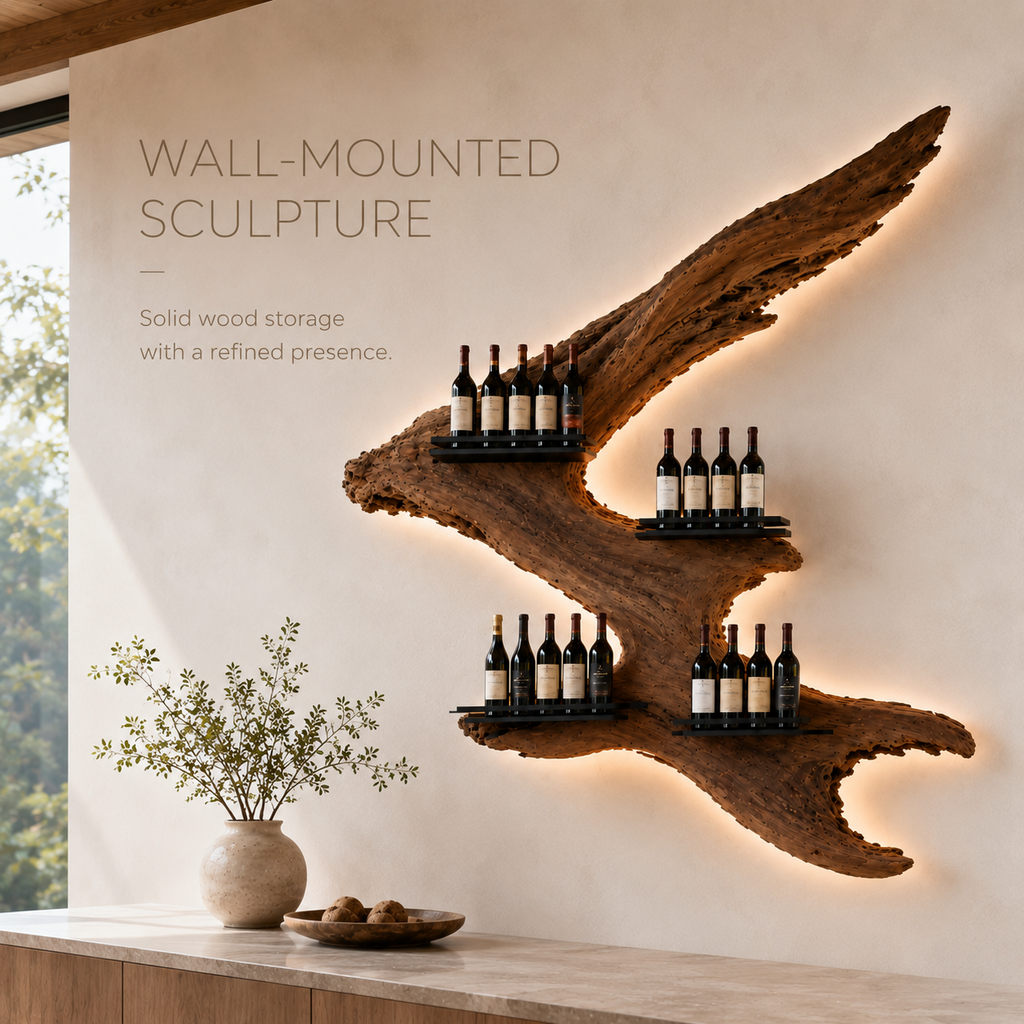 Solid Wood Wall Wine Rack with Glass Holder - Carved Halo - product image 03