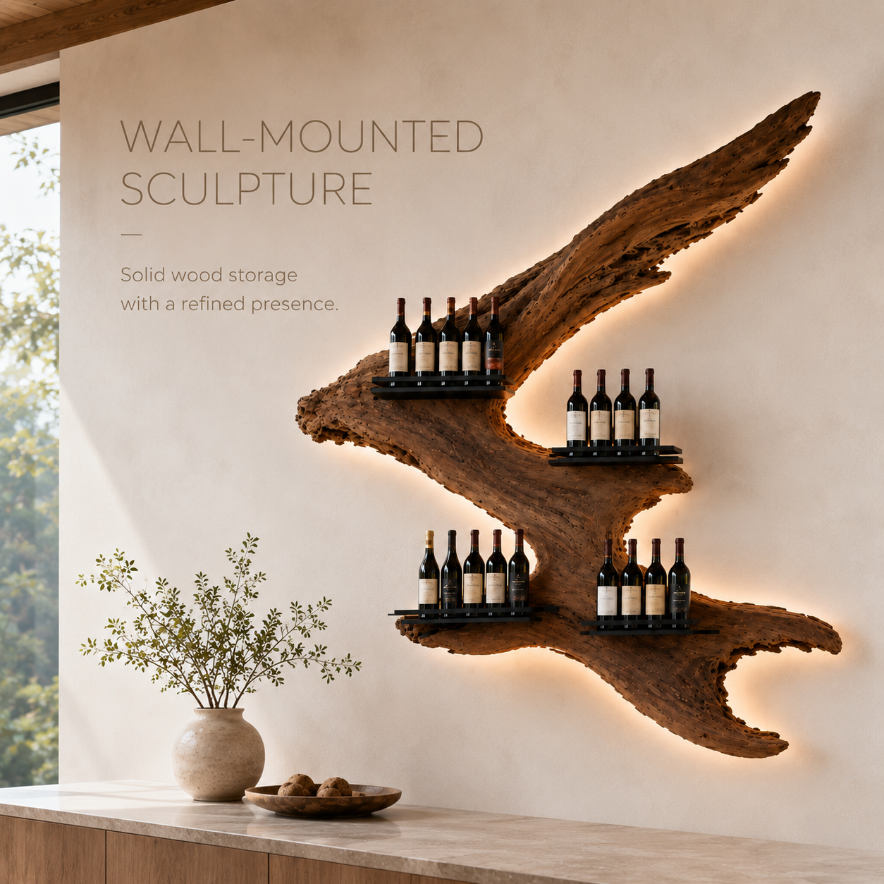 Solid Wood Wall Wine Rack with Glass Holder - Carved Halo - product image 03