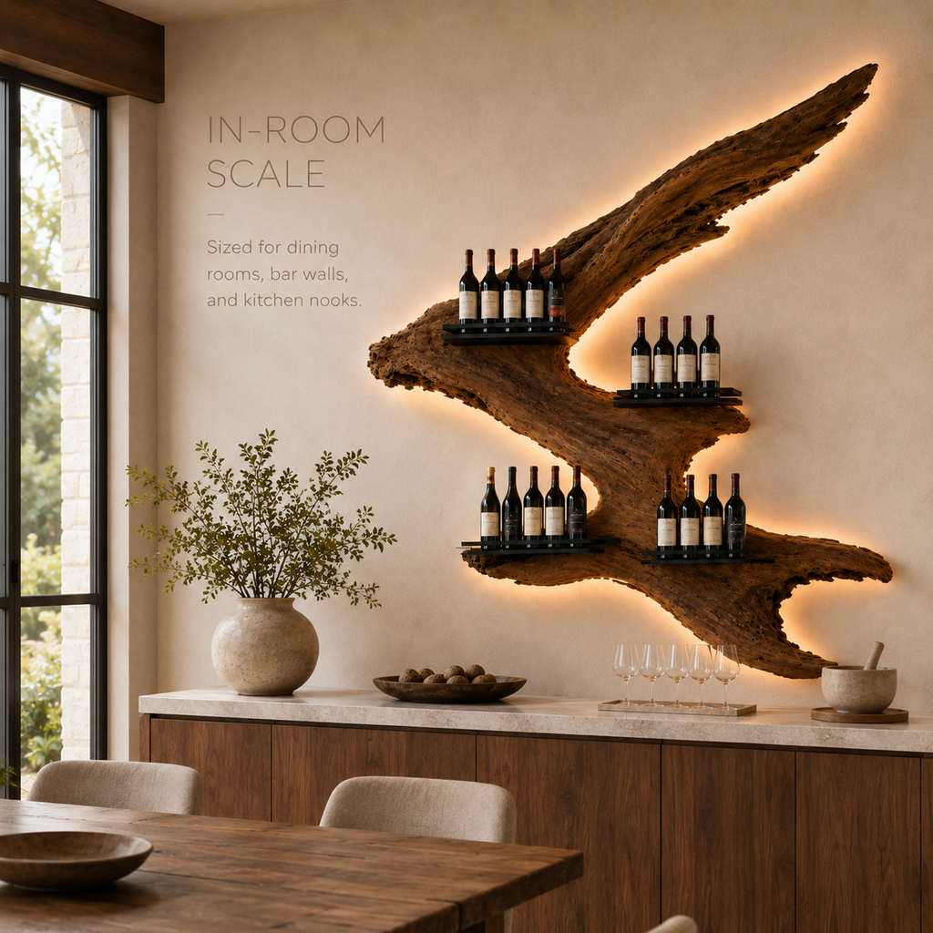 Solid Wood Wall Wine Rack with Glass Holder - Carved Halo - product image 04
