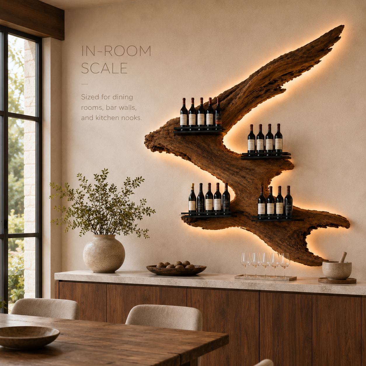 Solid Wood Wall Wine Rack with Glass Holder - Carved Halo - product image 04