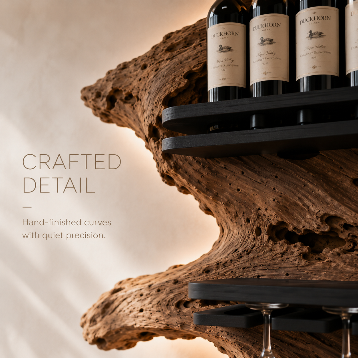 Solid Wood Wall Wine Rack with Glass Holder - Carved Halo - product image 06
