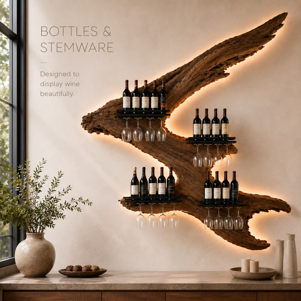 Solid Wood Wall Wine Rack with Glass Holder - Carved Halo - product image 07