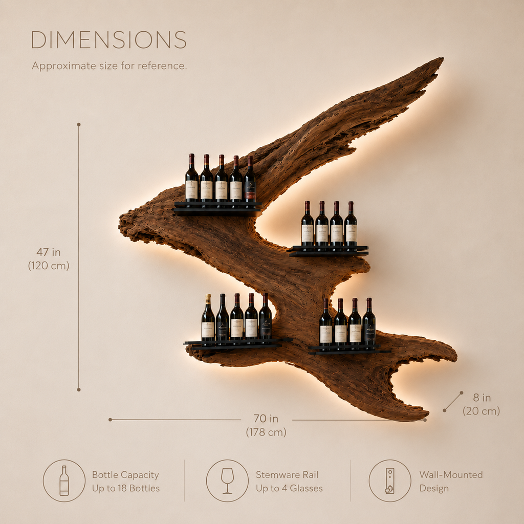 Solid Wood Wall Wine Rack with Glass Holder - Carved Halo - product image 08