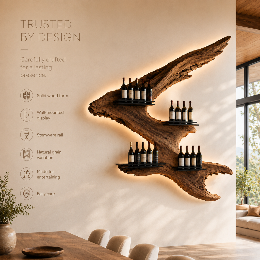 Solid Wood Wall Wine Rack with Glass Holder - Carved Halo - product image 09