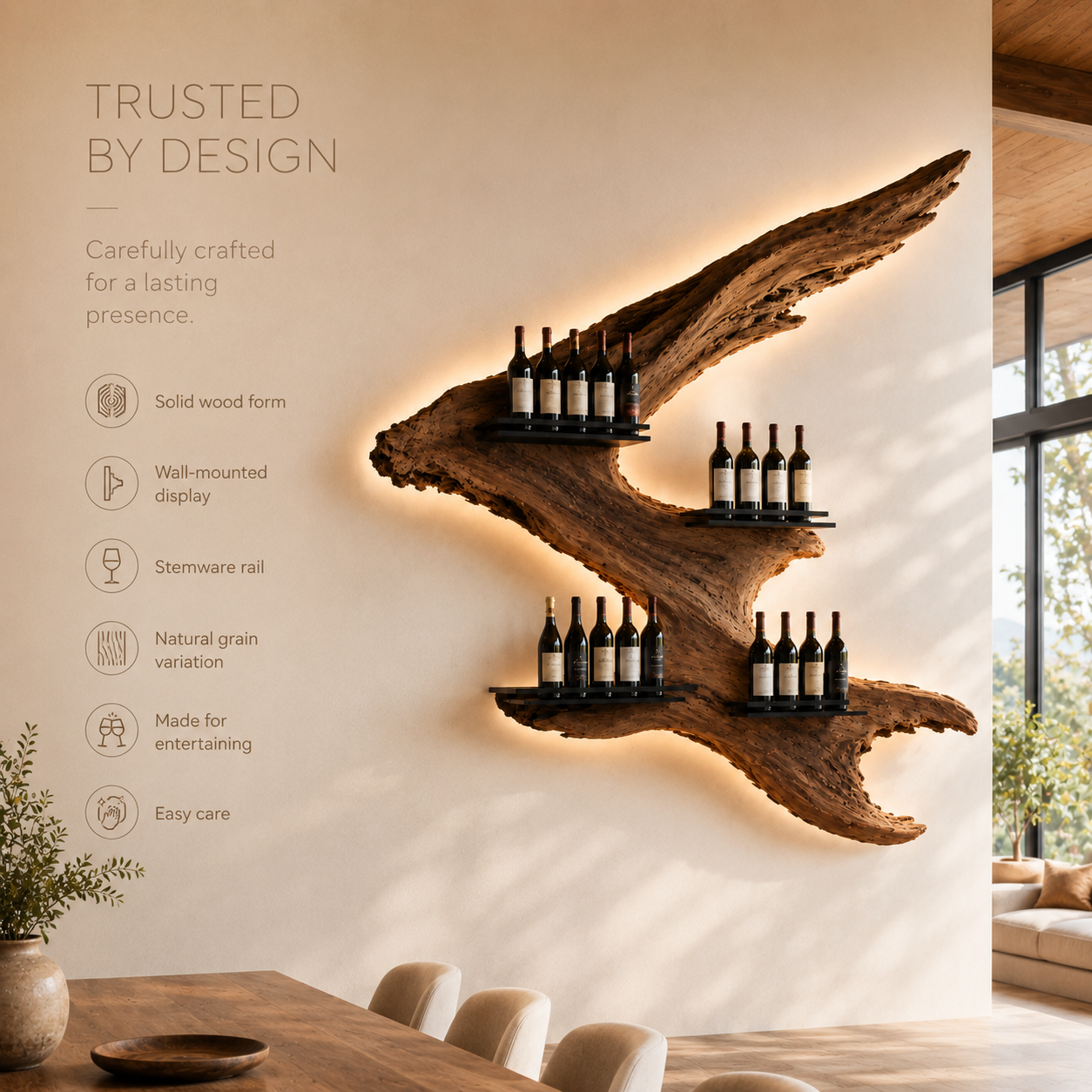 Solid Wood Wall Wine Rack with Glass Holder - Carved Halo - product image 09