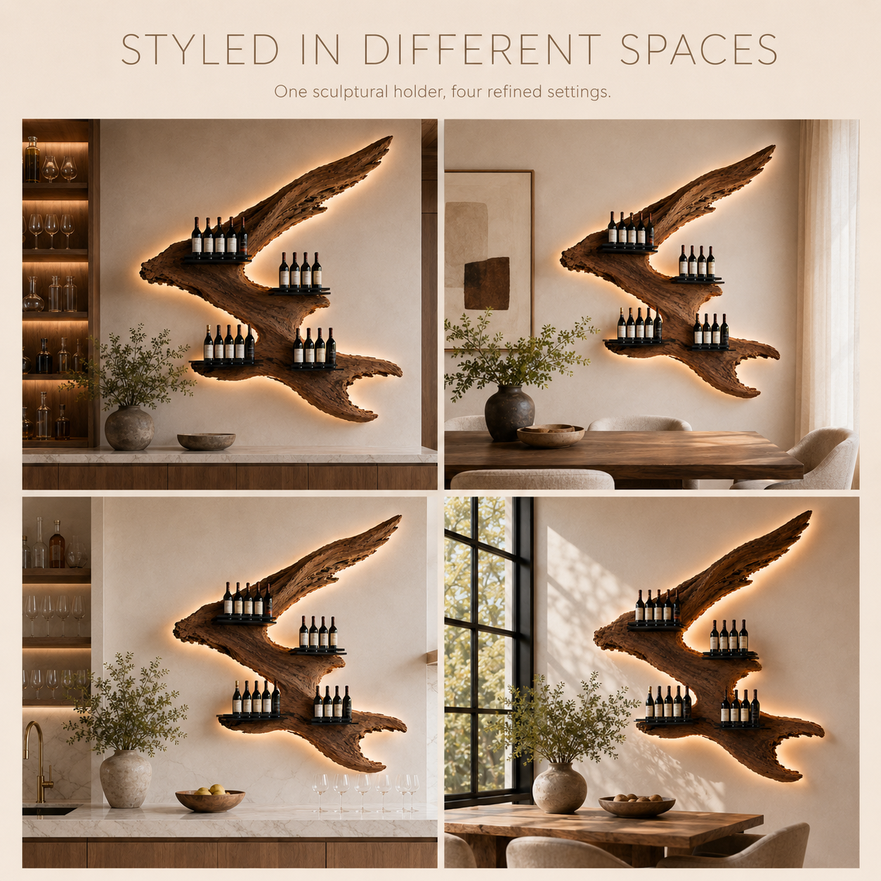 Solid Wood Wall Wine Rack with Glass Holder - Carved Halo - product image 10