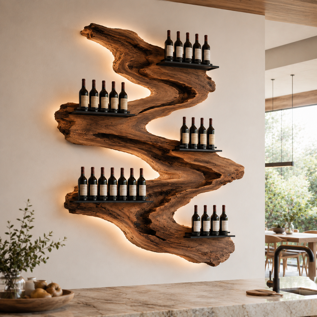 Solid Wood Wall Wine Rack with Glass Holder - Root Form - main view