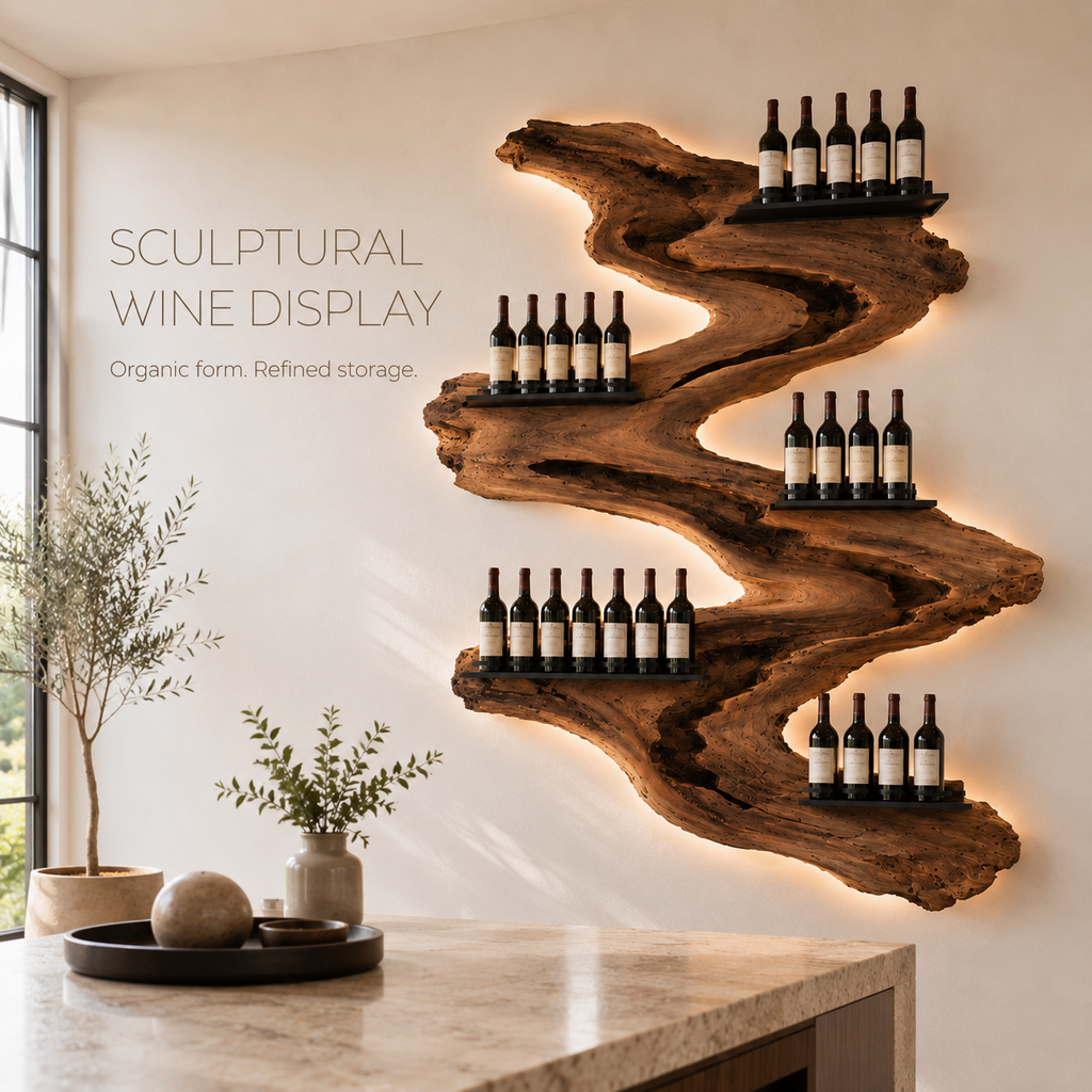 Solid Wood Wall Wine Rack with Glass Holder - Root Form - product image 02