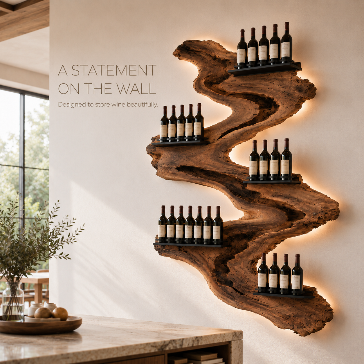 Solid Wood Wall Wine Rack with Glass Holder - Root Form - product image 03