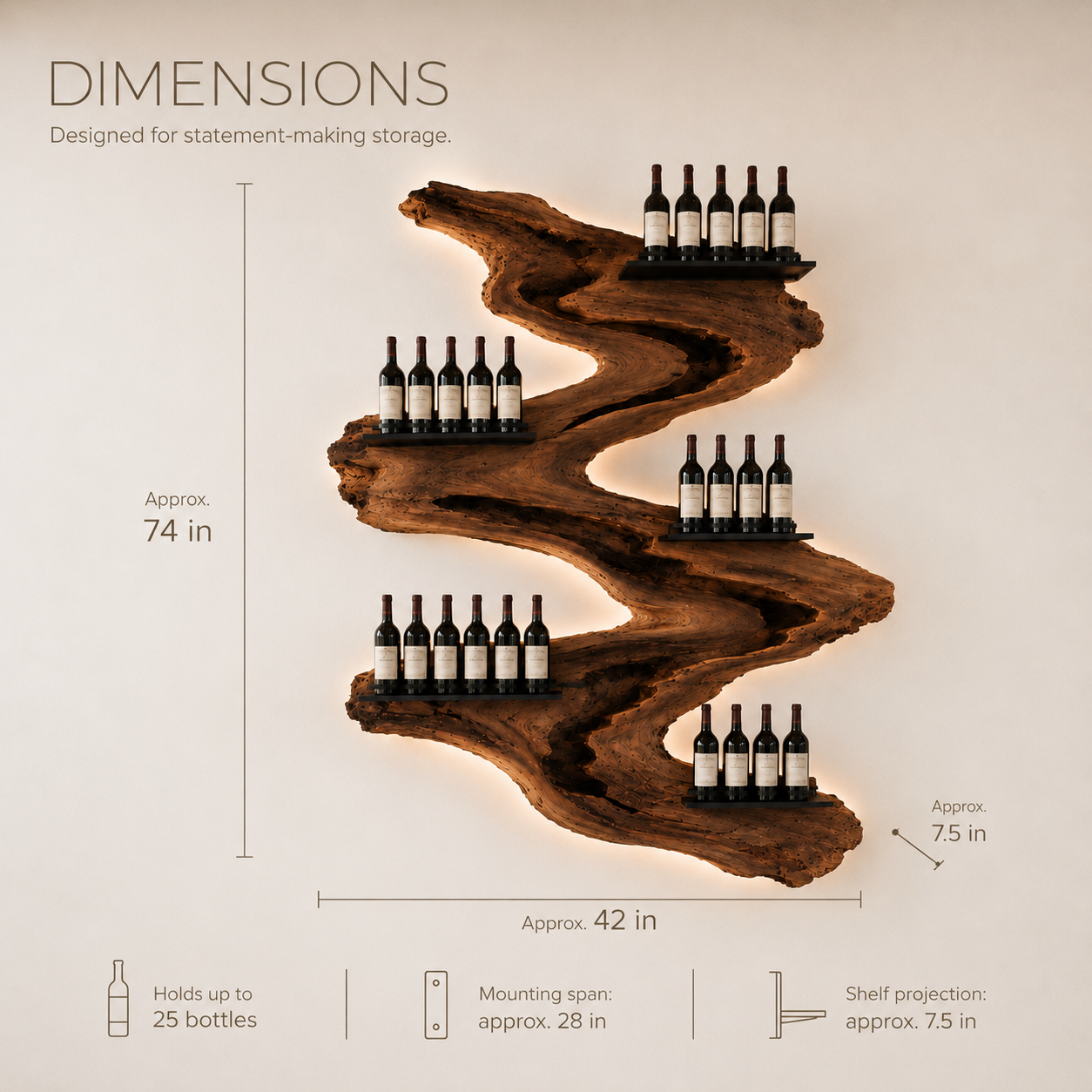 Solid Wood Wall Wine Rack with Glass Holder - Root Form - product image 08