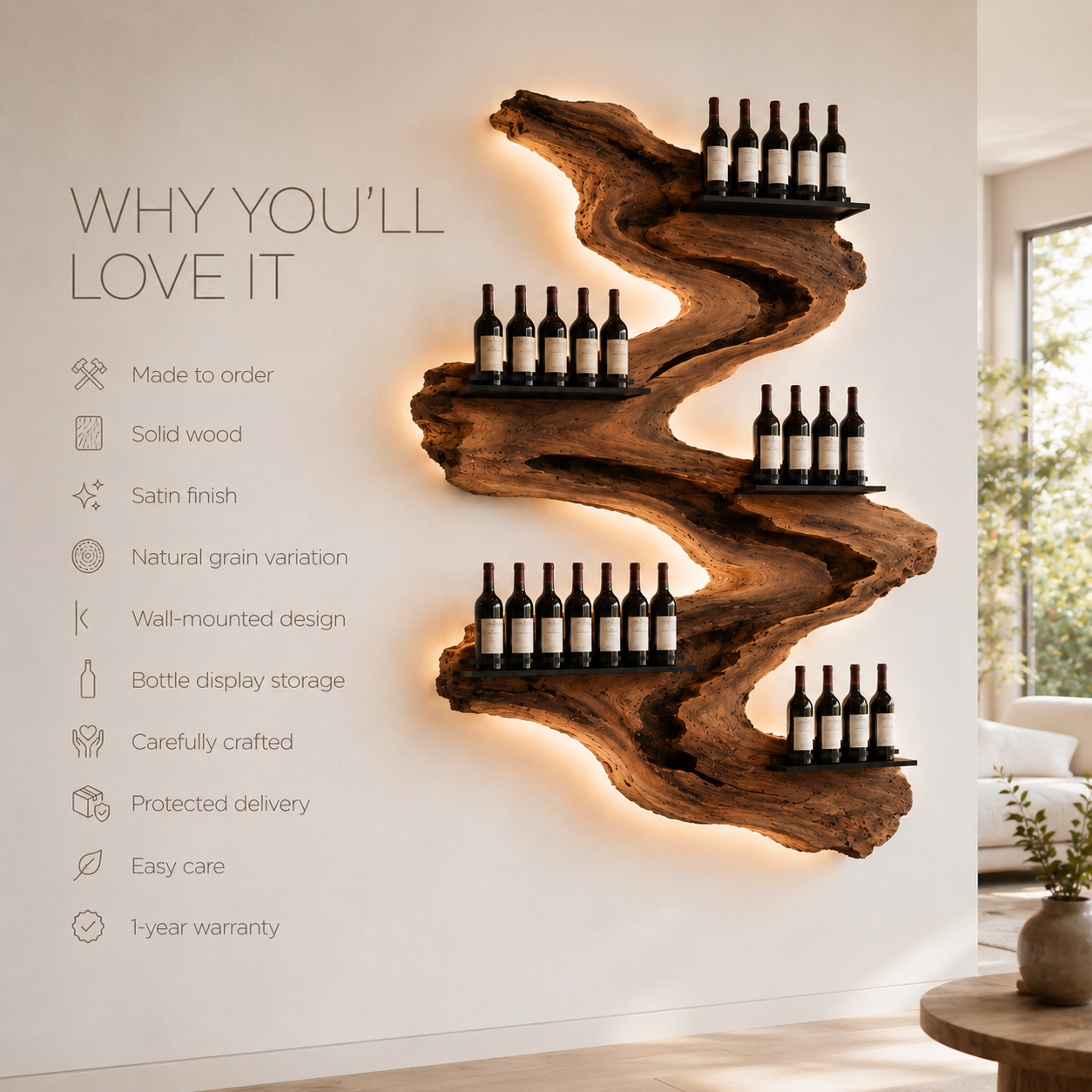 Solid Wood Wall Wine Rack with Glass Holder - Root Form - product image 09