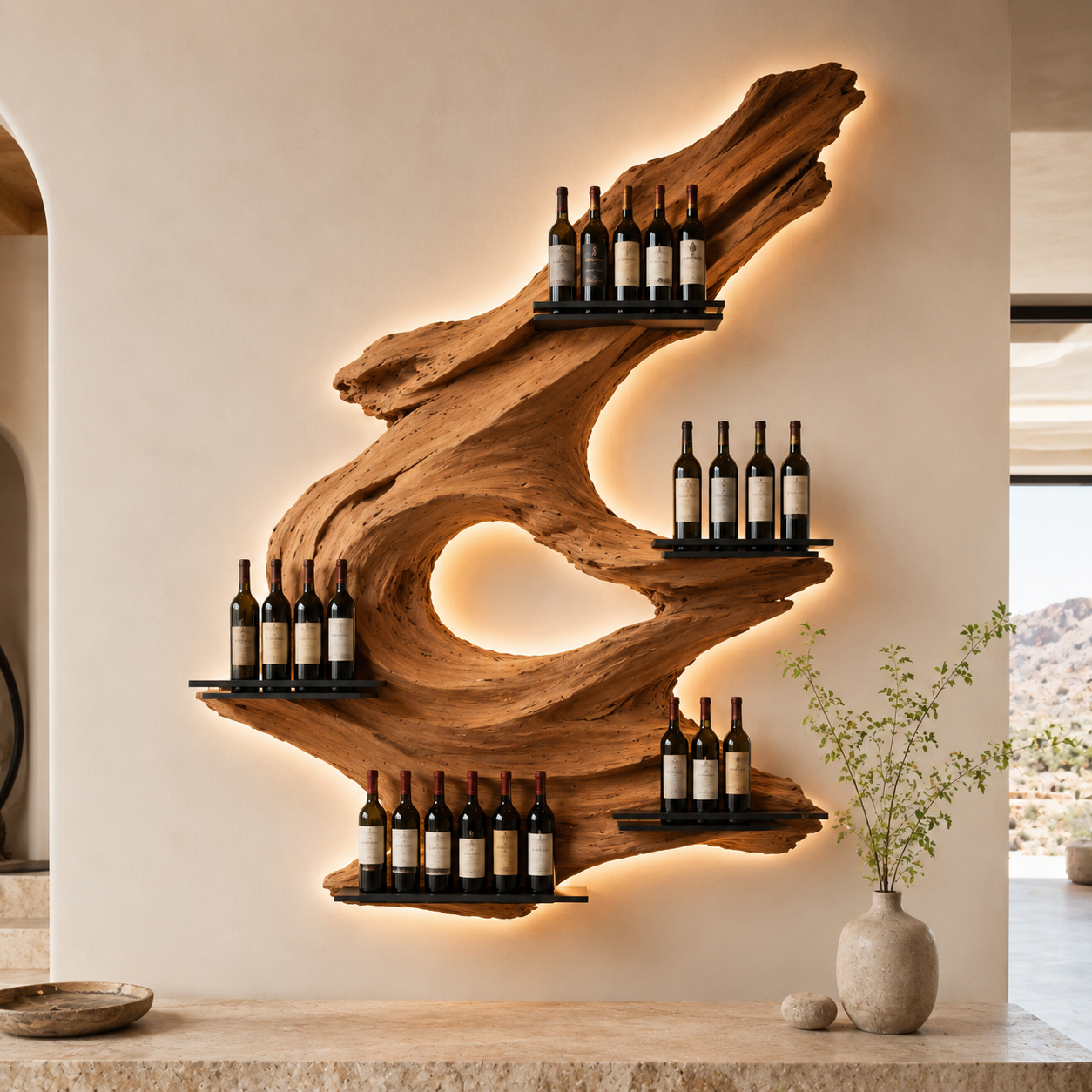 Solid Wood Wall Wine Rack with Glass Holder - Crescent Wall - main view