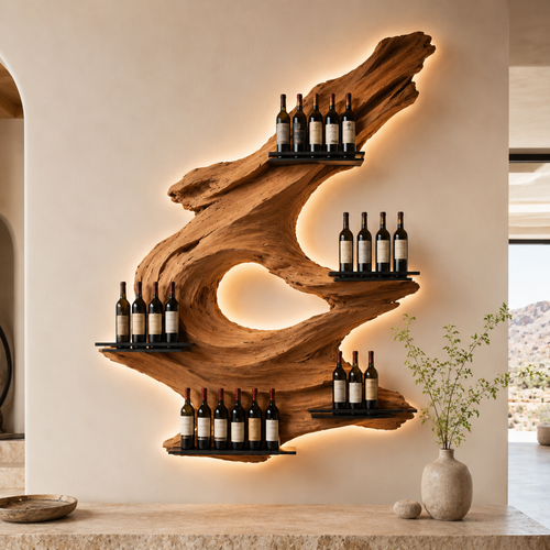 Solid Wood Wall Wine Rack with Glass Holder - Crescent Wall - main view
