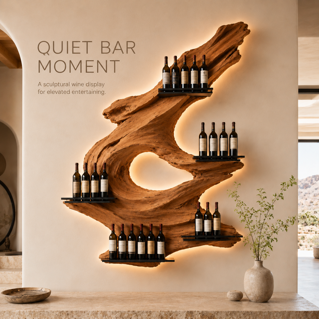 Solid Wood Wall Wine Rack with Glass Holder - Crescent Wall - product image 02