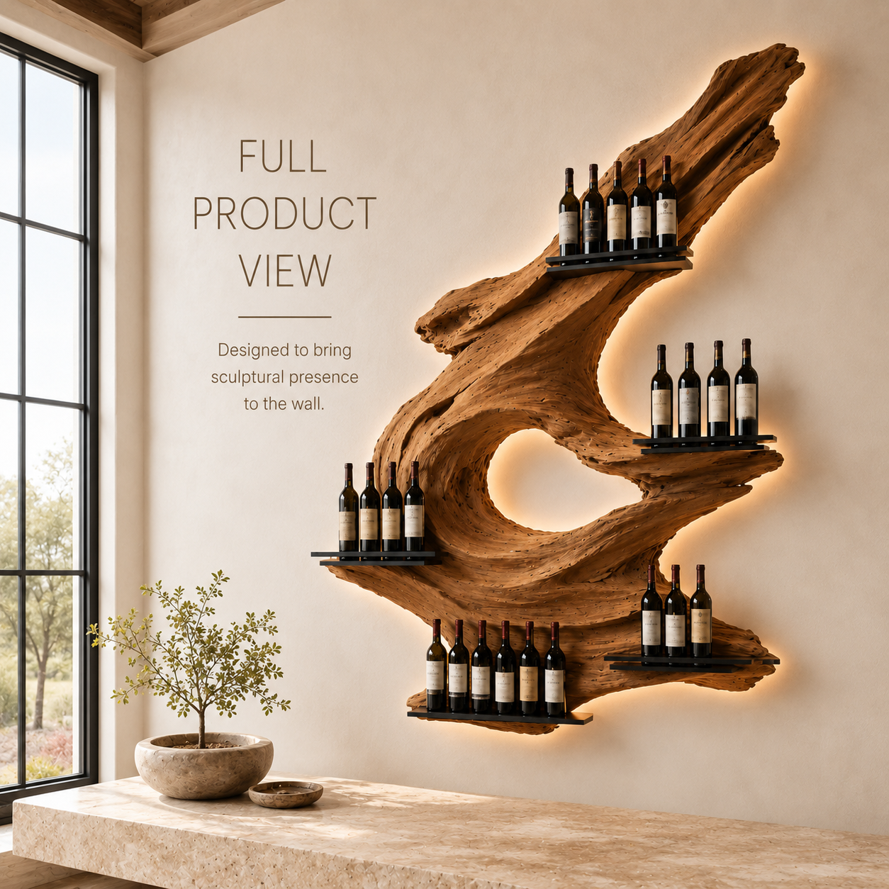 Solid Wood Wall Wine Rack with Glass Holder - Crescent Wall - product image 03