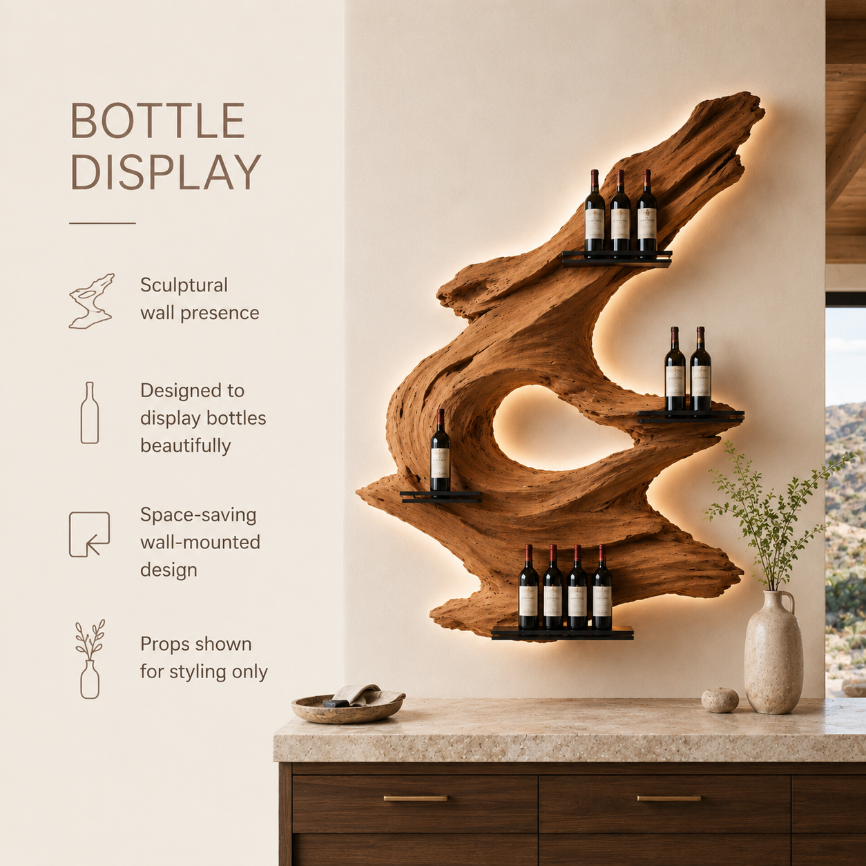 Solid Wood Wall Wine Rack with Glass Holder - Crescent Wall - product image 07
