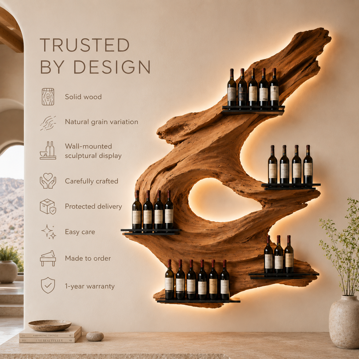 Solid Wood Wall Wine Rack with Glass Holder - Crescent Wall - product image 09