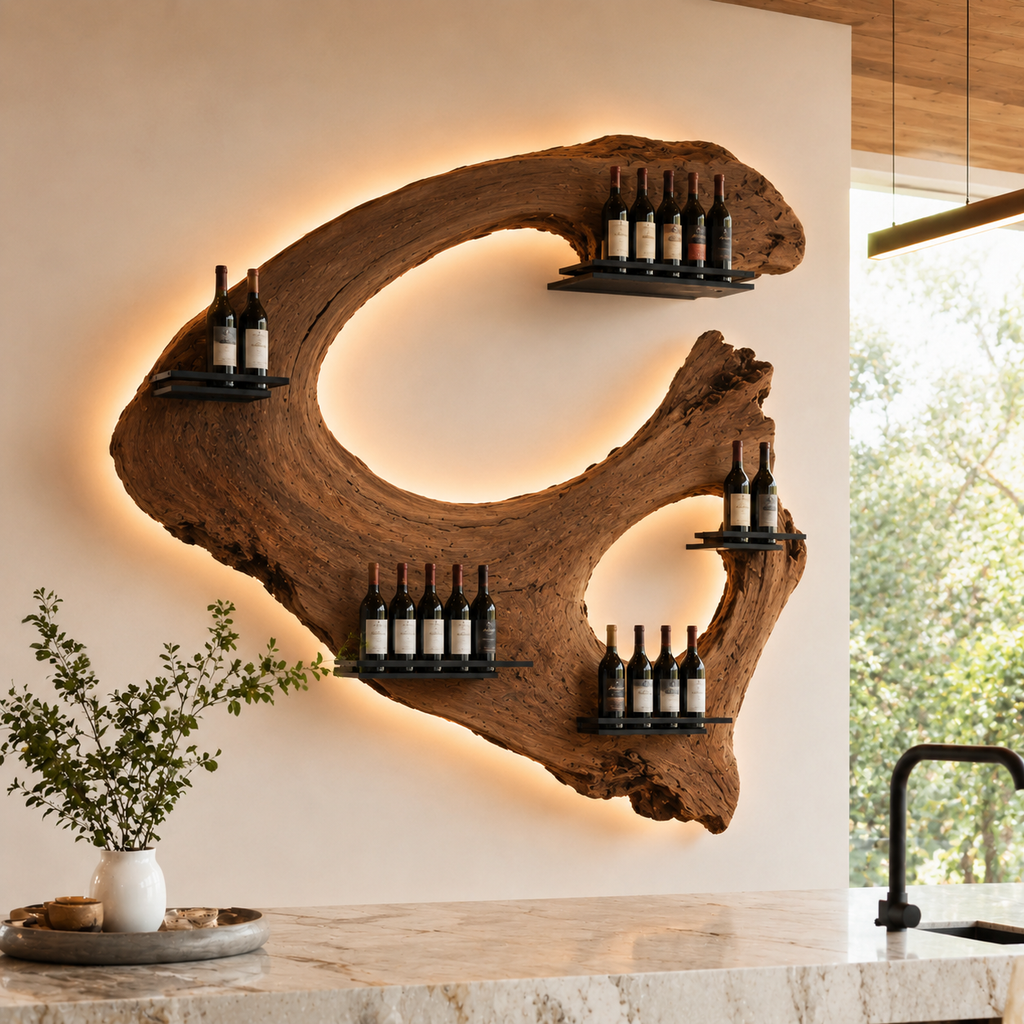 Solid Wood Wall Wine Rack with Glass Holder - Floating Rail - main view