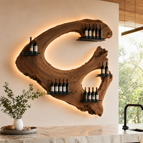 Solid Wood Wall Wine Rack with Glass Holder - Floating Rail - main view
