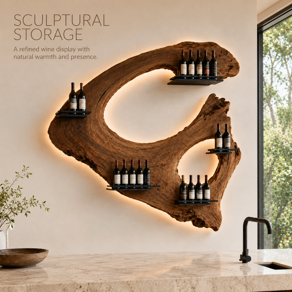 Solid Wood Wall Wine Rack with Glass Holder - Floating Rail - product image 02