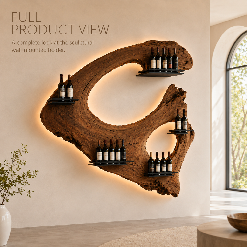 Solid Wood Wall Wine Rack with Glass Holder - Floating Rail - product image 03