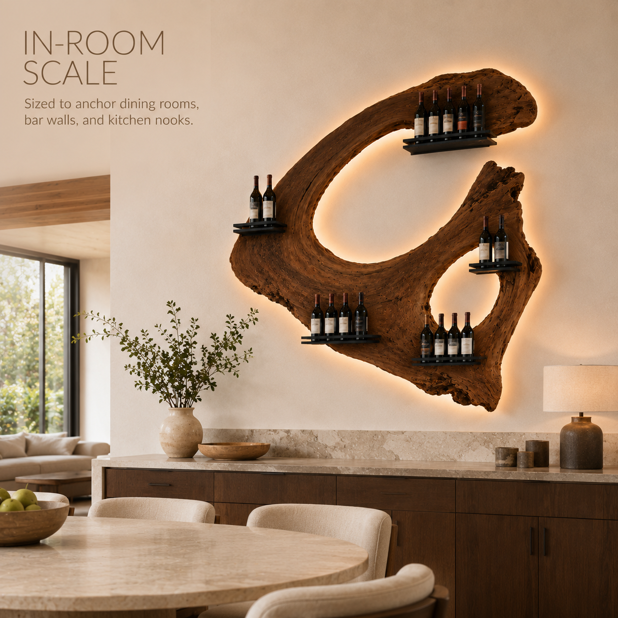 Solid Wood Wall Wine Rack with Glass Holder - Floating Rail - product image 04