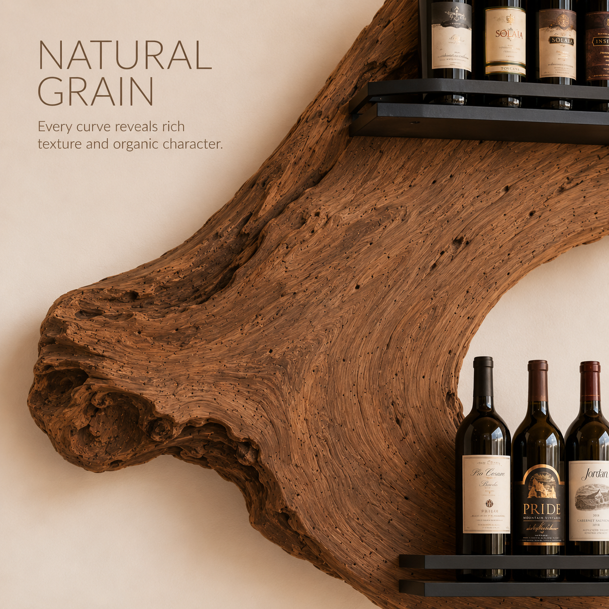 Solid Wood Wall Wine Rack with Glass Holder - Floating Rail - product image 05