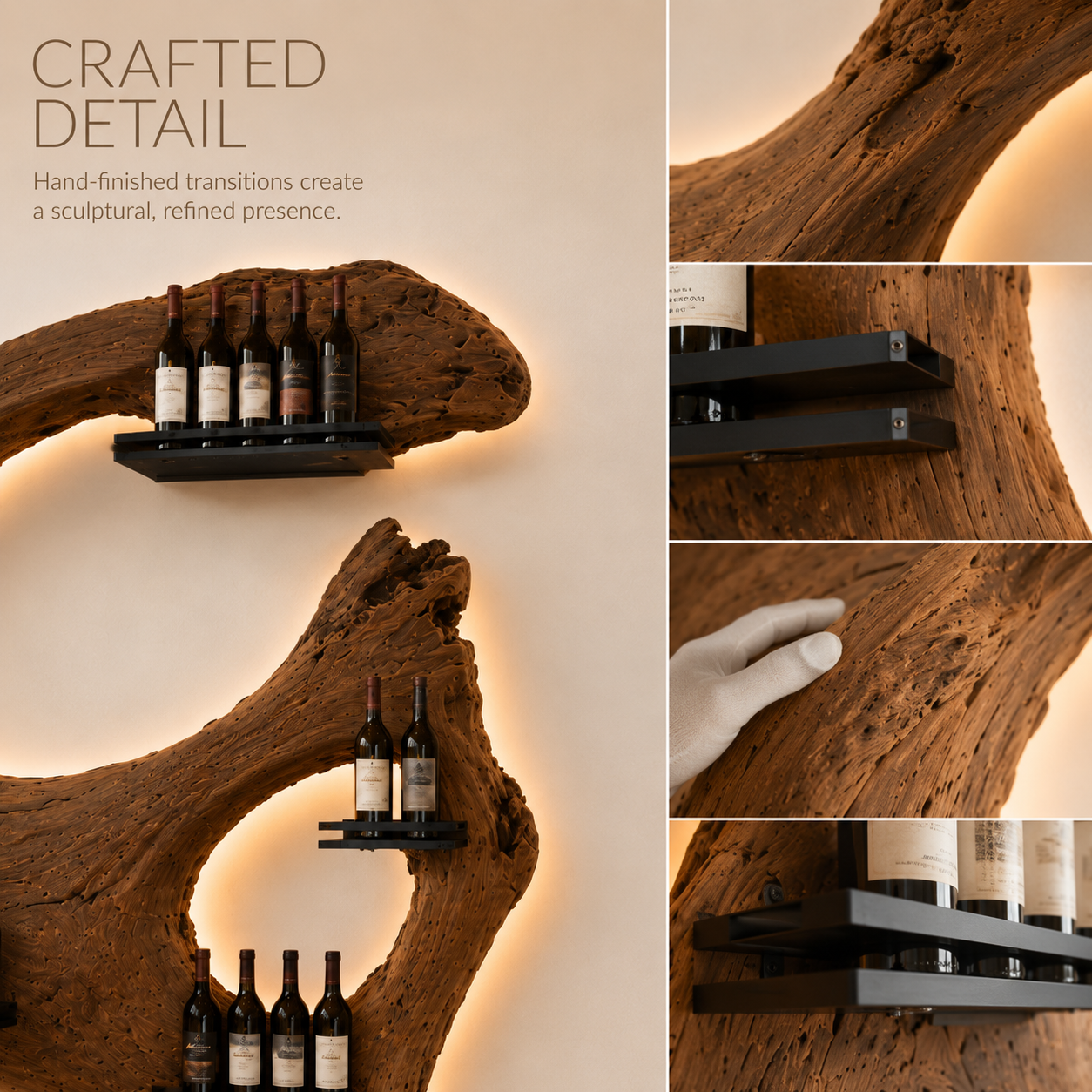 Solid Wood Wall Wine Rack with Glass Holder - Floating Rail - product image 06