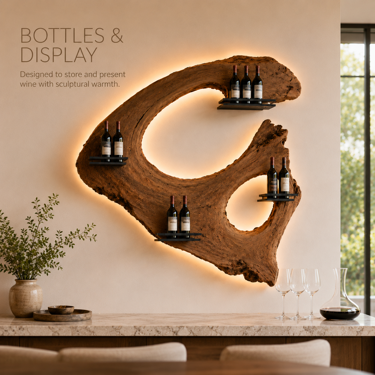 Solid Wood Wall Wine Rack with Glass Holder - Floating Rail - product image 07
