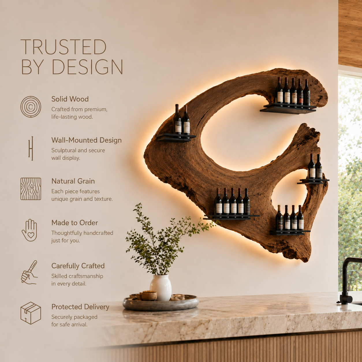 Solid Wood Wall Wine Rack with Glass Holder - Floating Rail - product image 09